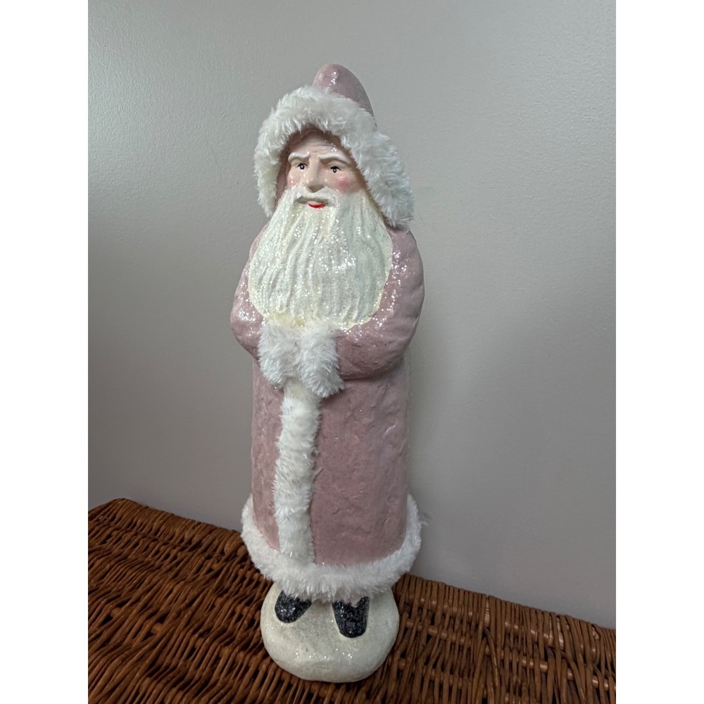 Pink Santa Claus Figurine 16.5 Inch Tall Glitter Faux Fur Trim Holiday Decor